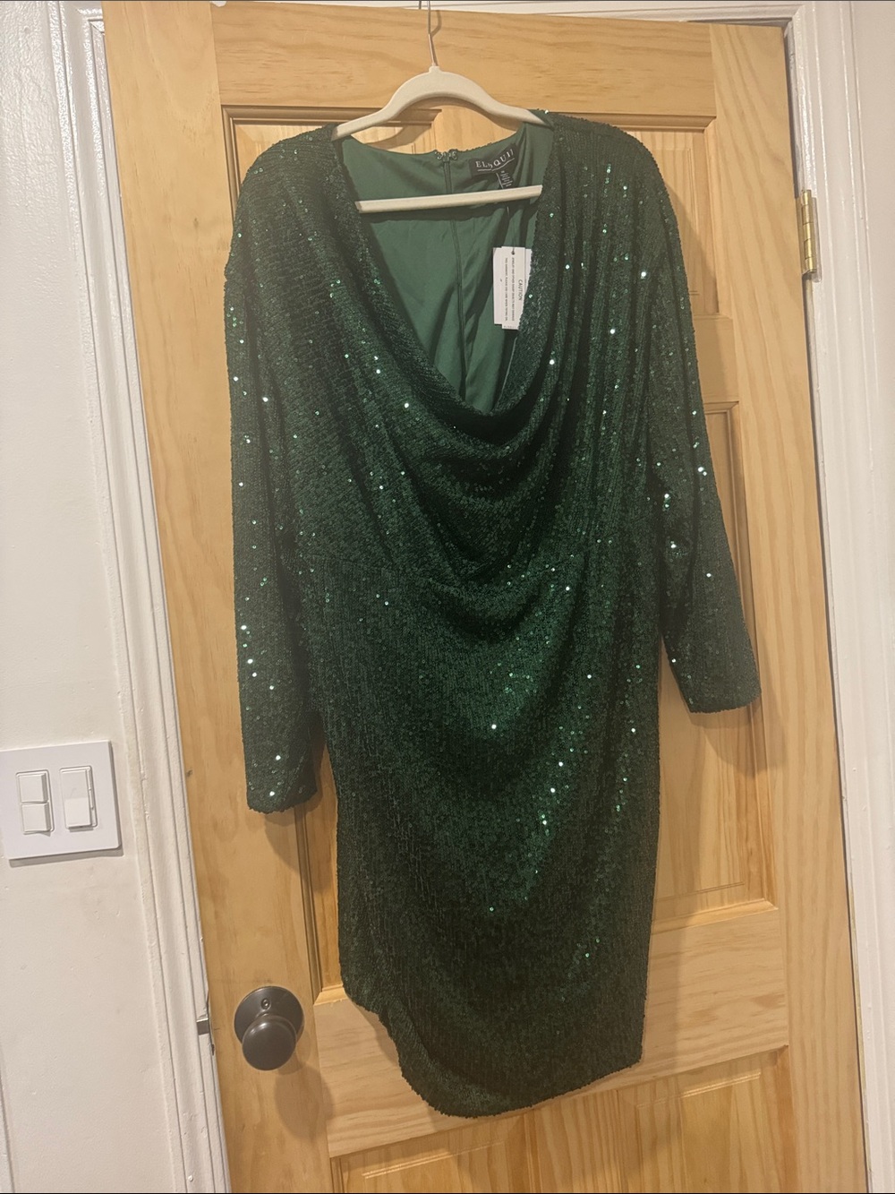 Eloquii Emerald Green Sequin Drape Neck Long Sleeve Dress